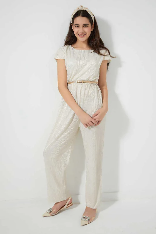 Cream Glittered Jumpsuit With Belt Denim unclassified dresses