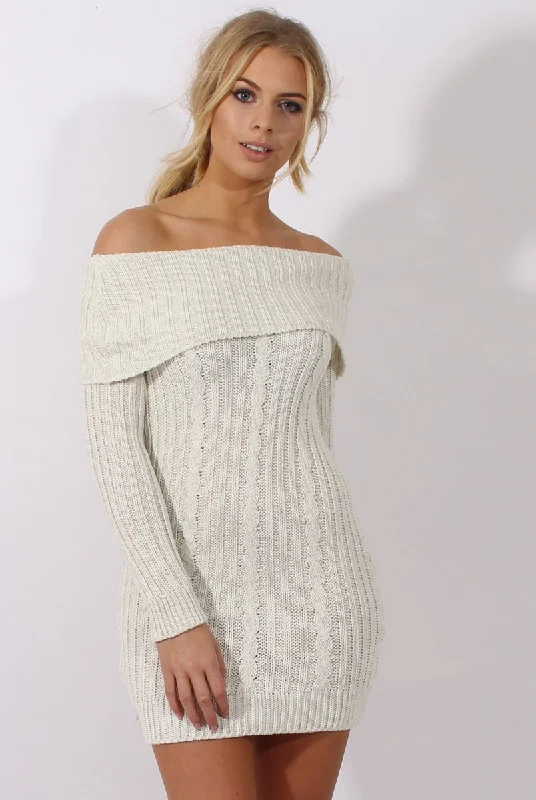 Cream Sparkle Knit Bardot Jumper Dress - Kasey Lace unclassified dresses