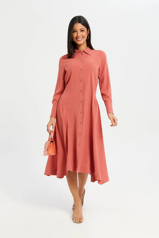 Women Crimson Plain Collared Dress Fall unclassified dresses