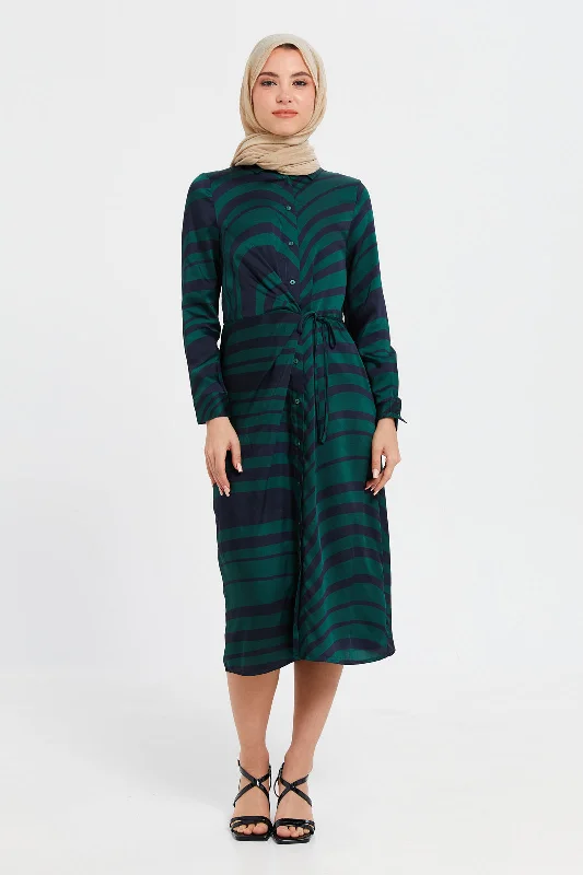 Women Green Printed Dress With Tie Detail At Front Embroidered unclassified dresses