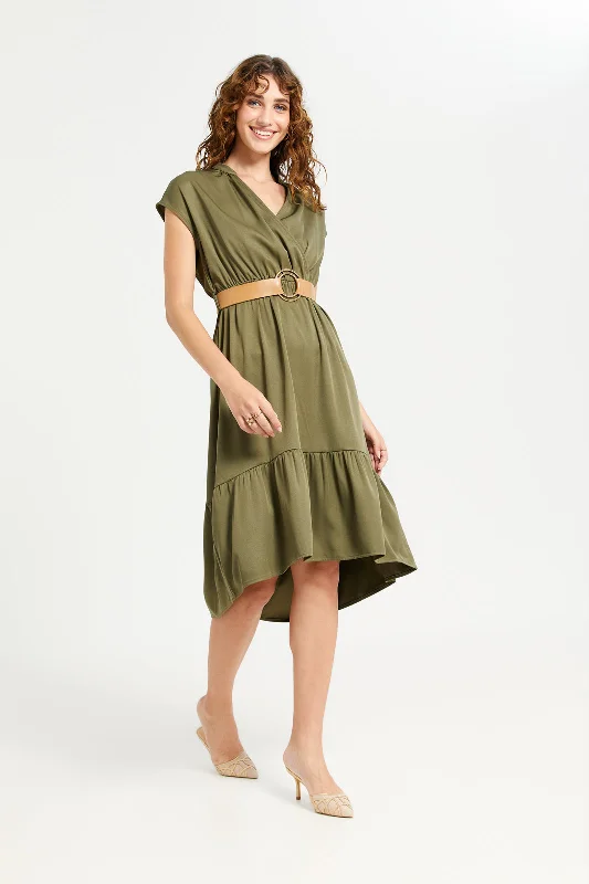 Women Green Plain Wrap Belted Dress Long unclassified dresses