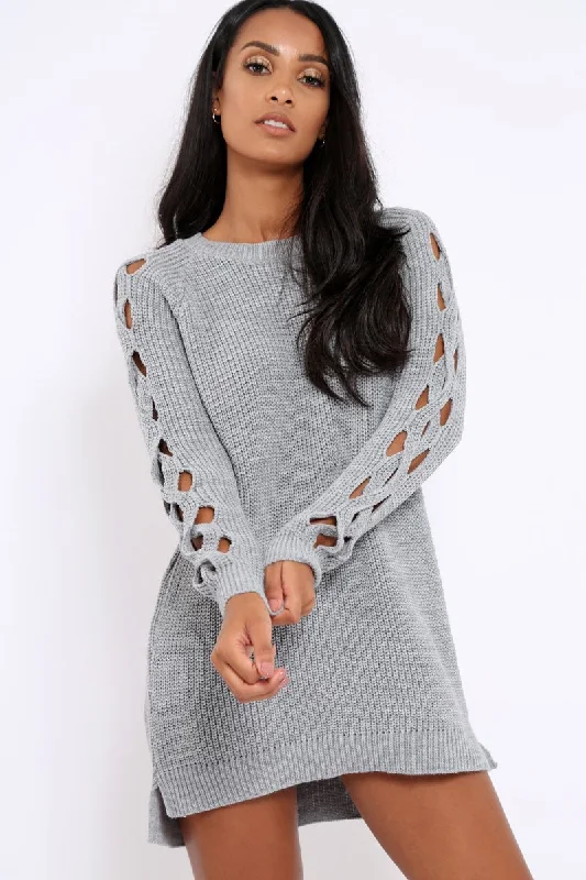 Grey Cable Knit Jumper Dress with Cut out Detail - Daysie Color block unclassified dresses