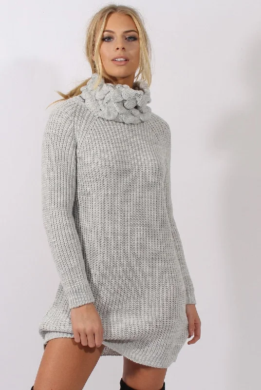 Grey Chunky Turtleneck Knit Jumper Dress - Cloe Knitted unclassified dresses