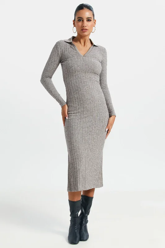 Women Grey Collared Rib Dress Breathable unclassified dresses