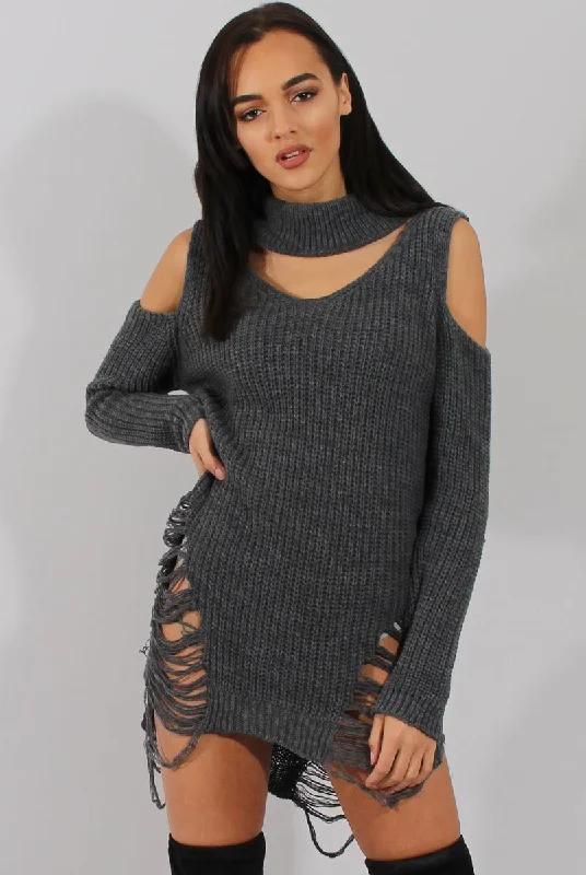 Grey Knitted Cut Out Front Cold Shoulder Distressed Jumper Dress - Jamie Gothic unclassified dresses