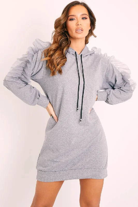 Grey Mesh Frill Sleeve Hoodie Jumper Dress - Carlotta Open-back unclassified dresses