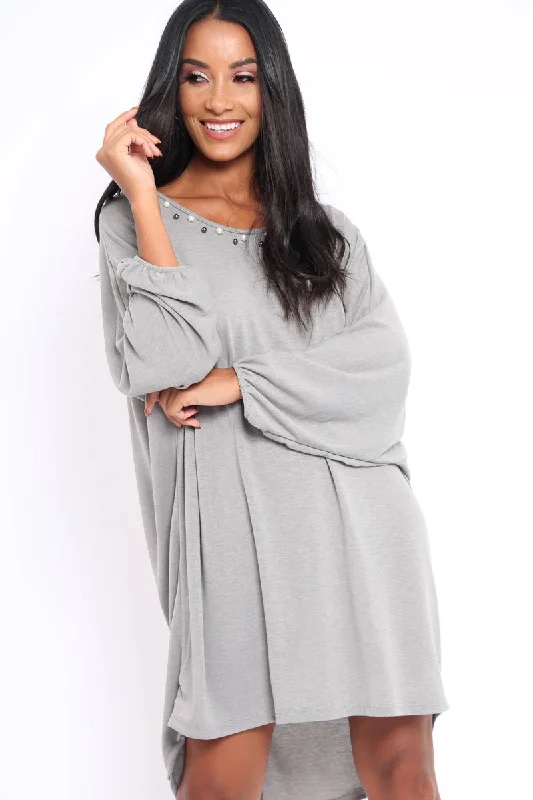 Grey Pearl Detail Jumper Dress - Ammi Wrap unclassified dresses