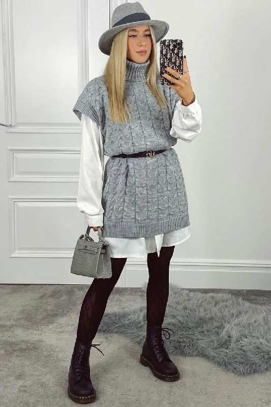 Grey Roll Neck Cable Knit Vest - Emira Polka dot unclassified dresses