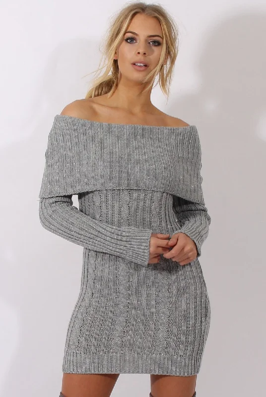 Grey Sparkle Knit Bardot Jumper Dress - Kasey Short unclassified dresses