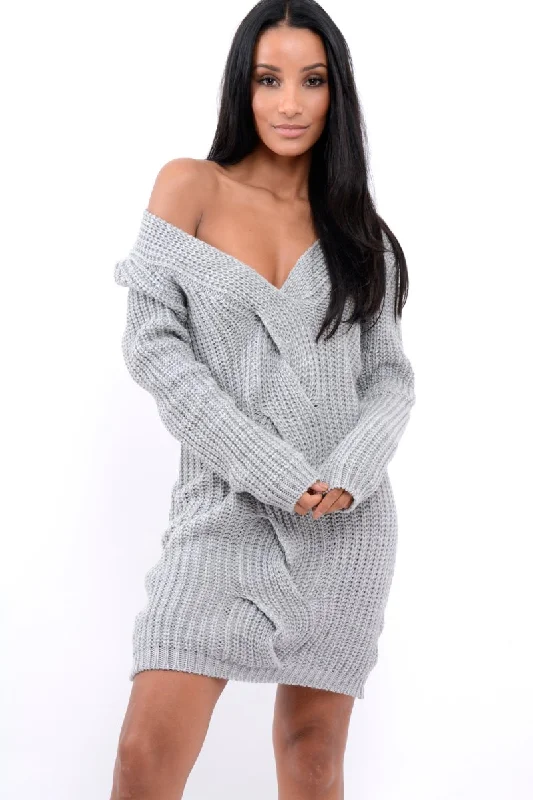 Grey V Neck Twist Knit Jumper Dress - Tilly Sleeveless unclassified dresses