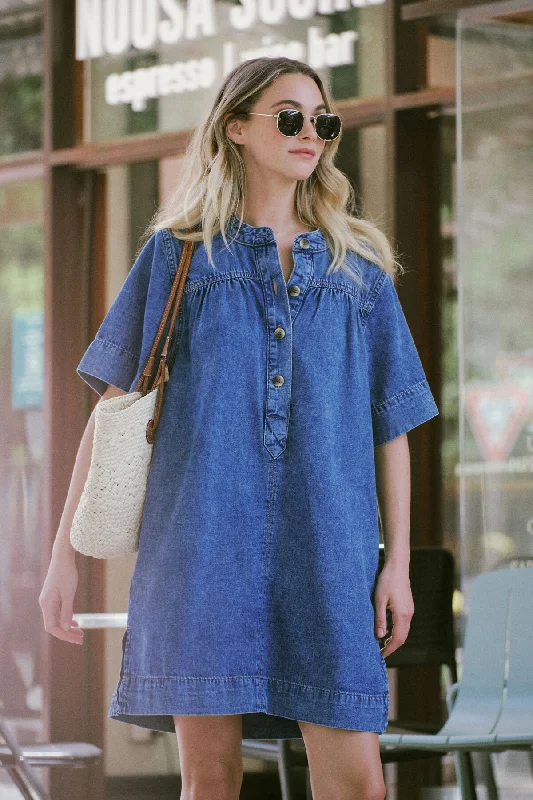 Half Placket Tunic Dress - Fresh Indigo Chiffon unclassified dresses