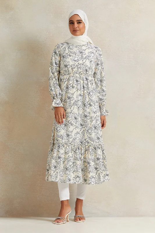 Women Ivory Printed Tier Dress Pastel unclassified dresses