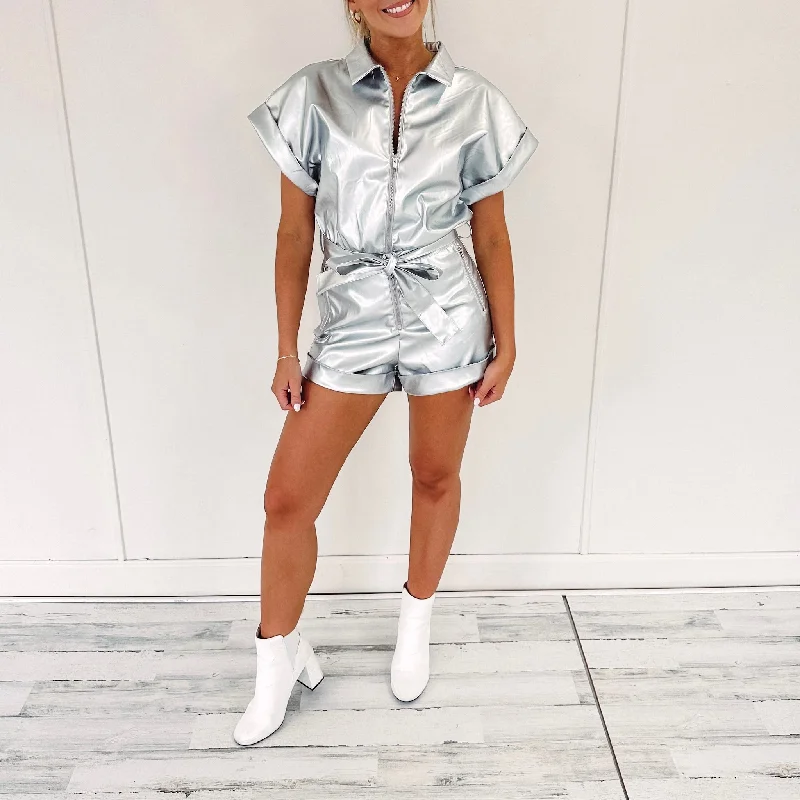 Kelsey Faux Leather Romper - Silver Halter unclassified dresses