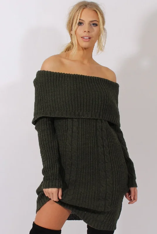 Khaki Bardot Heavy Knit Jumper Dress - Suzy Luxury unclassified dresses