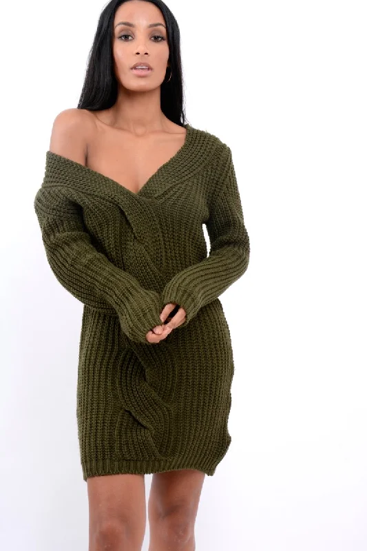 Khaki V Neck Twist Knit Jumper Dress - Tilly Earthy tone unclassified dresses