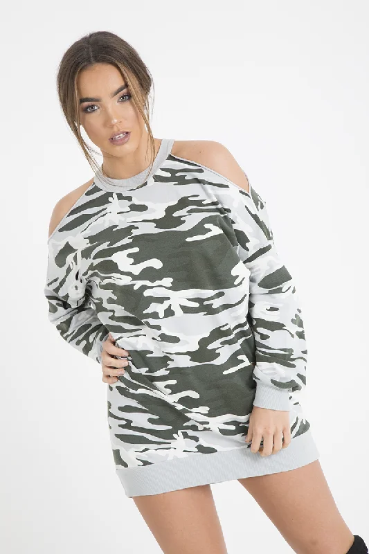 Light Camo Cold Shoulder Jumper Dress - Acacia Bright color unclassified dresses