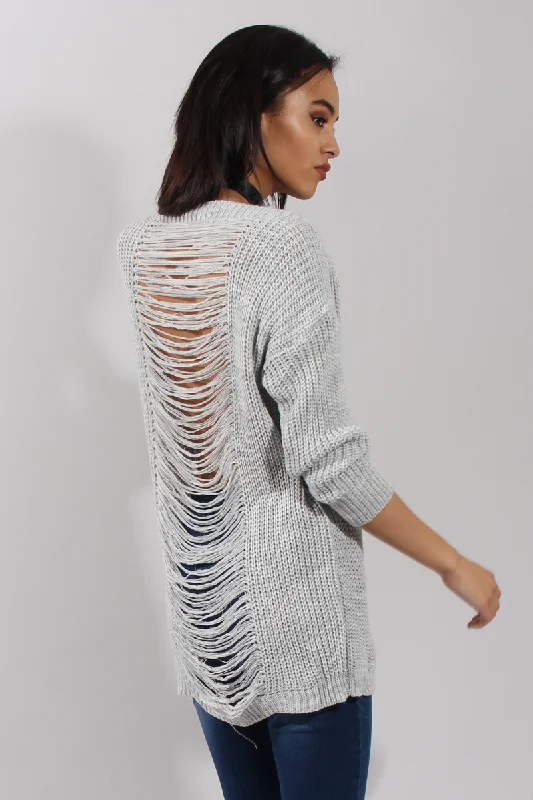 Light Grey Knitted Distressed Back Jumper Dress - Cara Beaded unclassified dresses