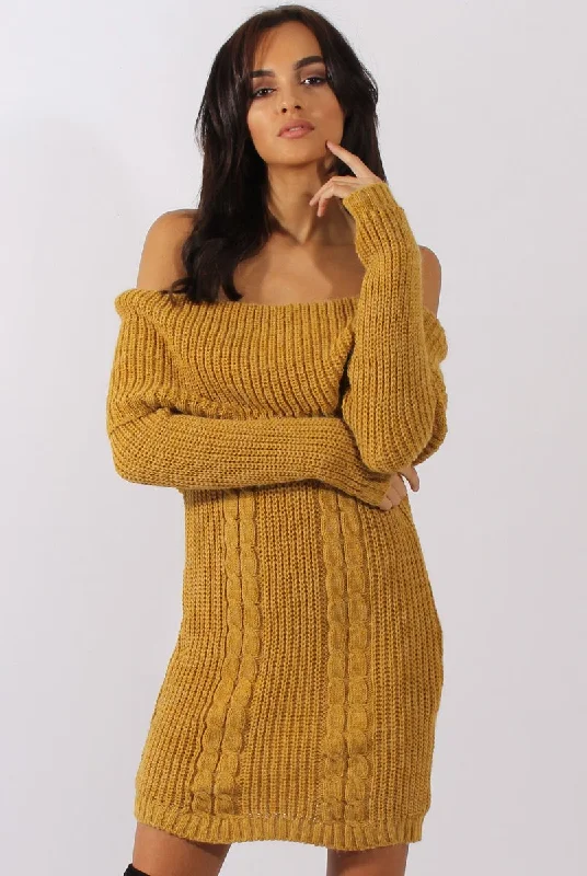 Mustard Bardot Heavy Knit Jumper Dress - Suzy Tulle unclassified dresses