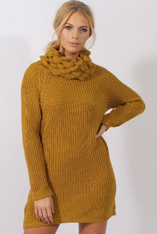 Mustard Chunky Turtleneck Knit Jumper Dress - Cloe Denim unclassified dresses