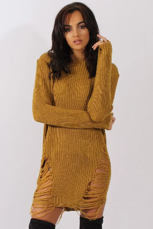 Mustard Distressed Jumper Dress - Kim Velvet unclassified dresses