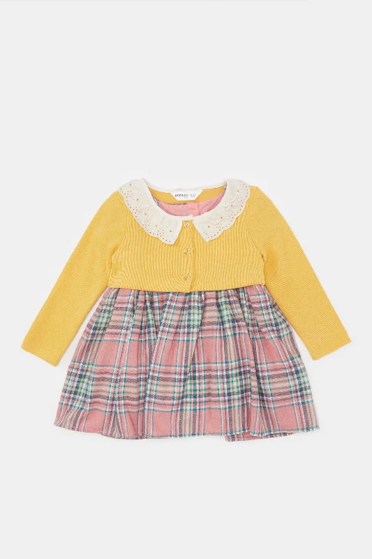 Infant Girls Pink And Mustard Dress With Cardigan (2 Piece) Stylish unclassified dresses