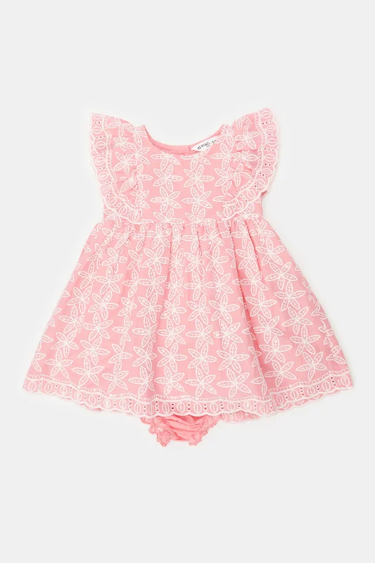 Infant Girls Pink Embroidered Dress Ruched unclassified dresses