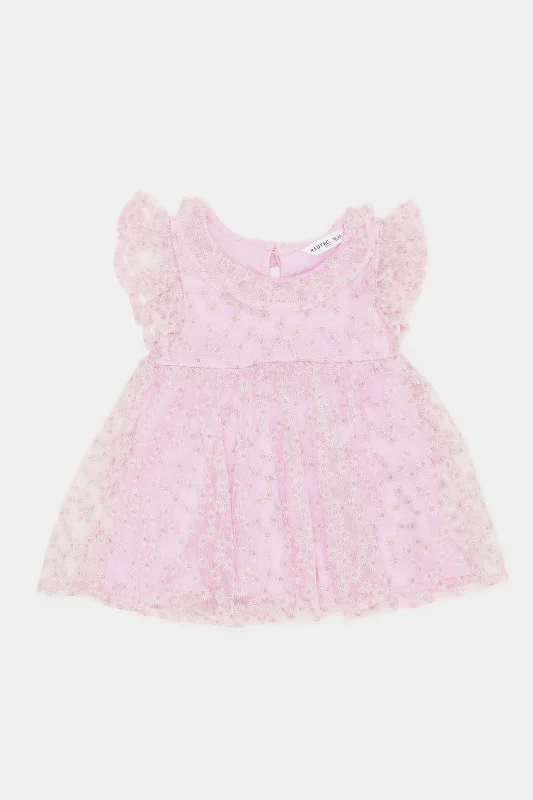 Infant Girls Pink All Over Flower Embroidery Dress Open-back unclassified dresses