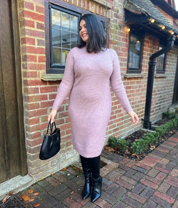 Pink Ribbed Knitted Funnel Neck Dress Knitted unclassified dresses