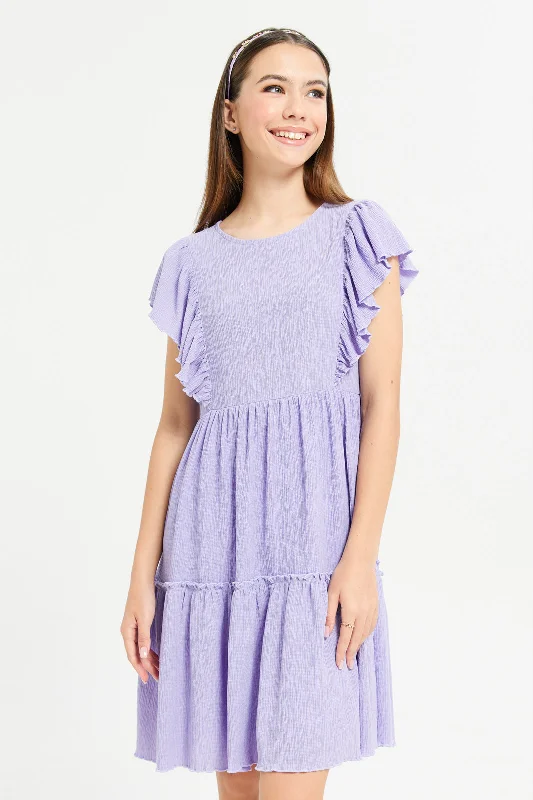 Senior Girls Purple Ruffled Sleeve Tiered Dress Date night unclassified dresses