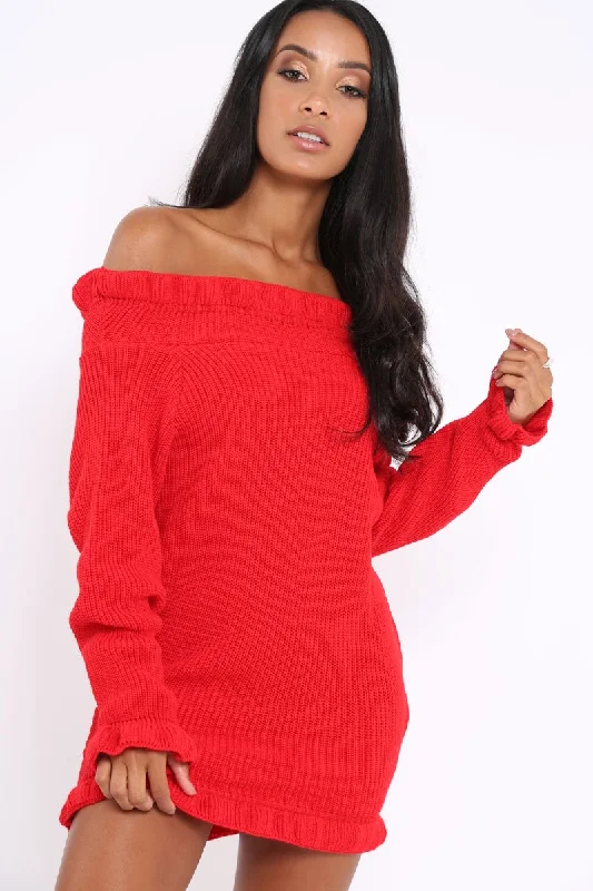 Red Knitted Bardot Jumper Dress with Elasticated hems - Kirsty Unique unclassified dresses