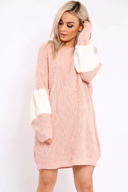 Rose Chunky Knit Fur Sleeve Jumper Dress - Jaycee Best-selling unclassified dresses