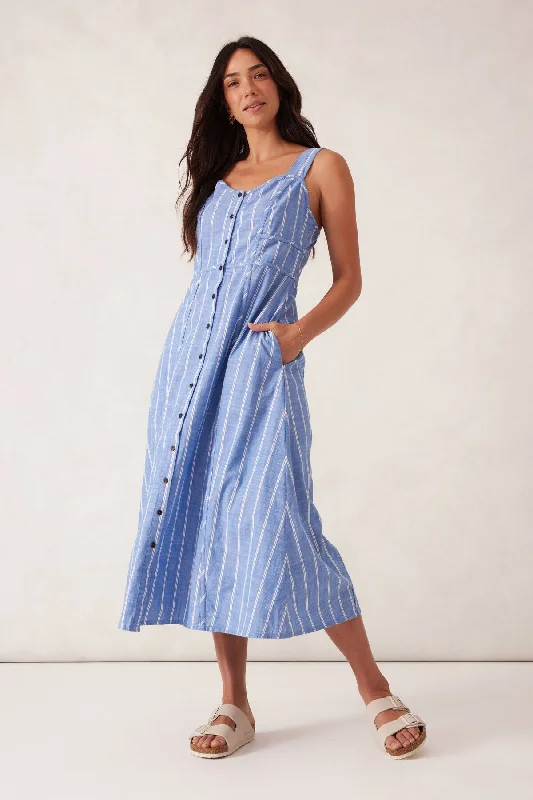 Strappy Placket Dress - Oxford Blue/White Twin Stripe Minimalist unclassified dresses