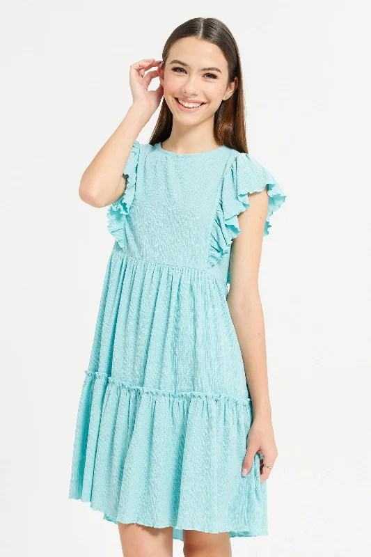 Senior Girls Teal Ruffled Sleeve Tiered Dress Bold pattern unclassified dresses