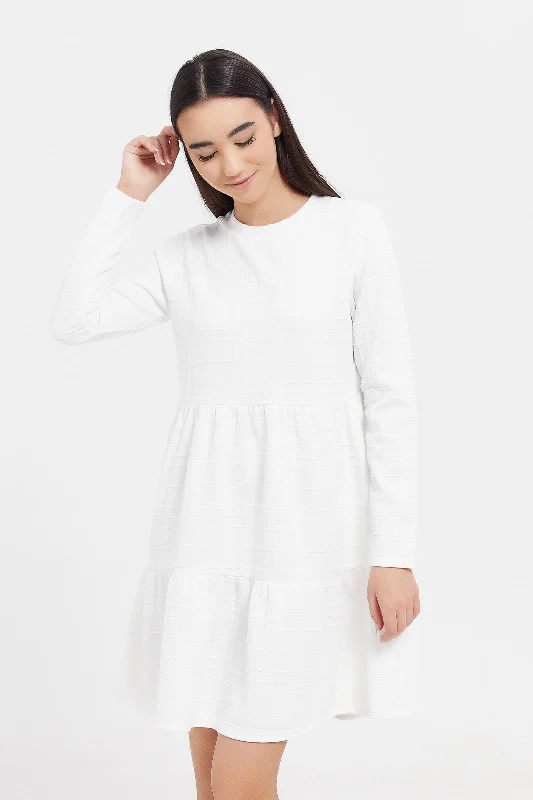 Senior Girls White Jacquard Knitted Layered Dress One-shoulder unclassified dresses