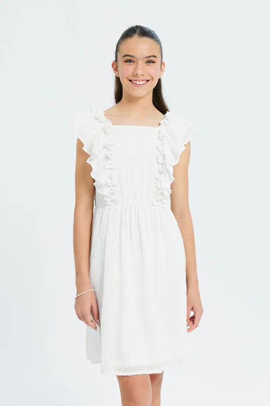 Senior Girls White Dobby Lurex Ruffled Front Dress Winter unclassified dresses