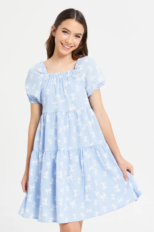 Senior Girls Blue And White Bow Jacquard Tiered Dress High-low unclassified dresses