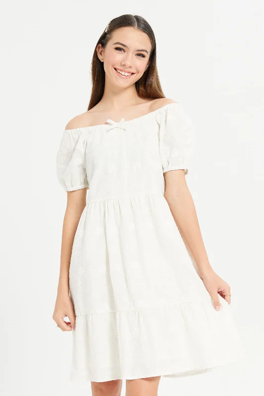 Senior Girls  White Off Shoulder Embroidered Dress Dark color unclassified dresses