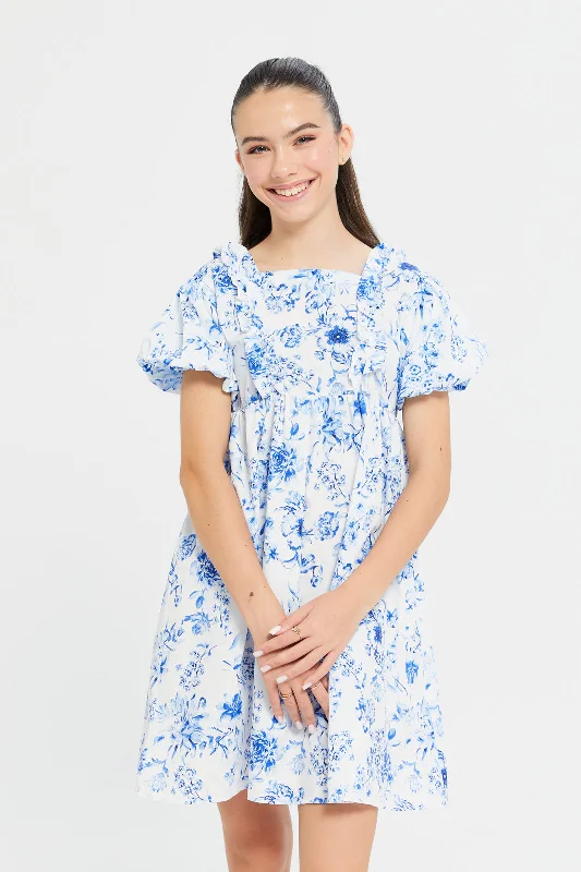 Senior Girls White And Blue Printed Dress Sequin unclassified dresses