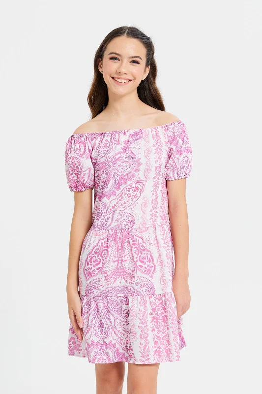 Senior Girls White And Pink Printed Dress Minimalist unclassified dresses