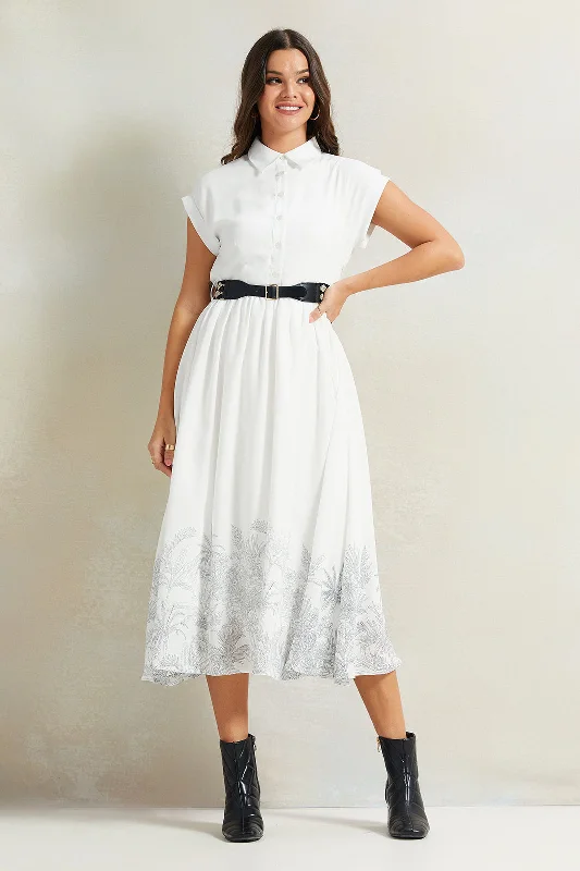 Women White Belted Dress With Bottom Print Ruched unclassified dresses