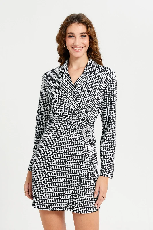 Women Black And White Checked Wrap Buckle Dress Embroidered unclassified dresses