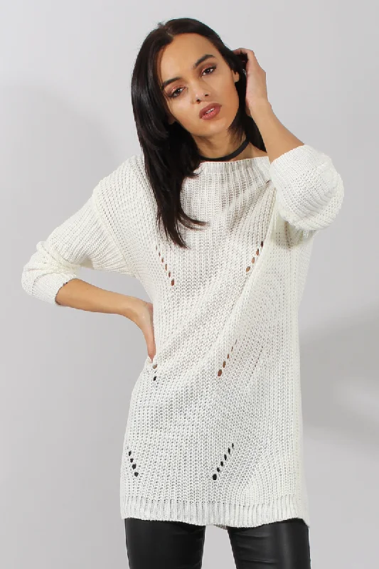 White Knitted Distressed Back Jumper Dress - Cara Lounge unclassified dresses