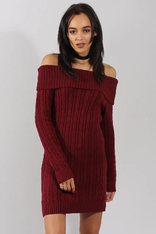 Wine Bardot Cable Knit Jumper Dress - Peeta Travel unclassified dresses