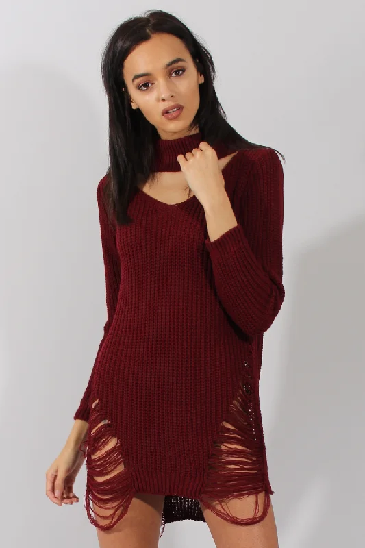 Wine High Neck Cut Out Distressed Jumper Dress - Adalyn Anniversary unclassified dresses