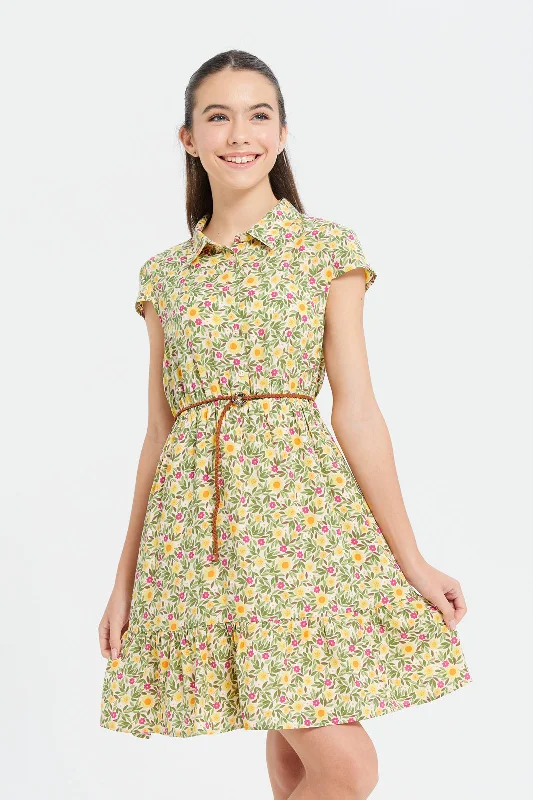 Senior Girls Yellow Printed Dress With Belt Sequin unclassified dresses