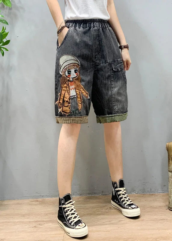 Art Black Grey Elastic Waist Cartoon Girl Denim Shorts Summer LY1274 Cozy Mini Skirt