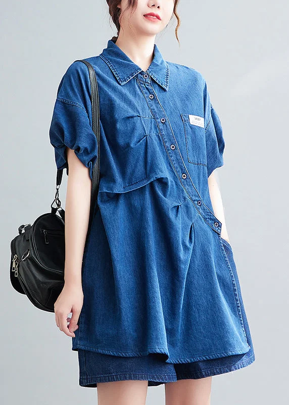 Casual Blue Peter Pan Collar Cotton Shirts And Shorts Two Pieces Set Summer LY0639 Sleek Mini Skirt