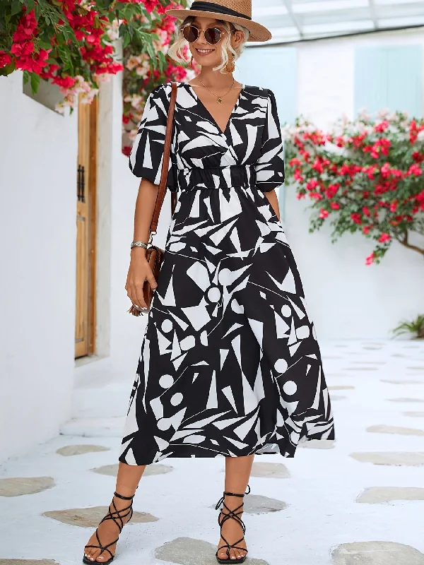 Geometric Print Puff Sleeve Dress, V Neck Short Sleeve Dress, Casual Every Day Dress, Women's Clothi AE109 Flirty Mini Skirt