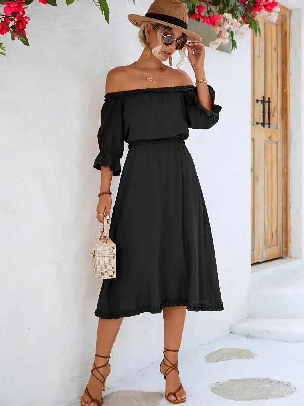 Ruffle Hem Off Shoulder Dress, Solid Short Sleeve Dress, Casual Every Day Dress, Women's Clothing AE1016 Chic Denim Skirt