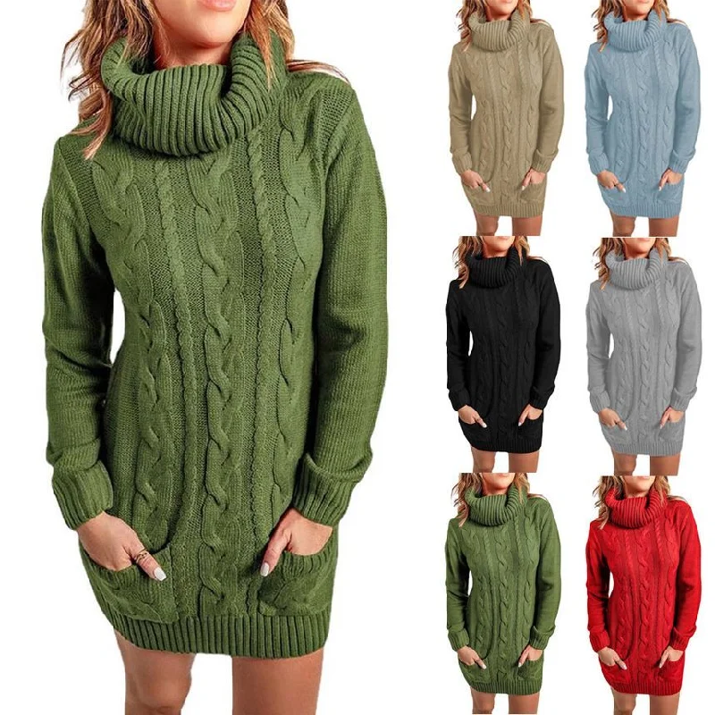 Turtleneck Plain Cable Knit Mini Sweater Dress YR4058 Stretch Mini Skirt